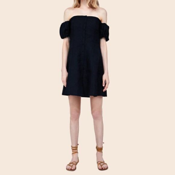 Zara Black Puff Sleeve Linen Blend Mini Dress Size XS - Picture 1 of 14